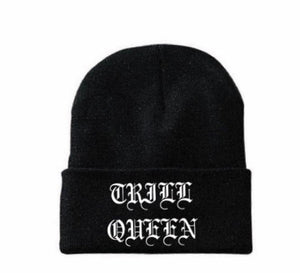 Black Pimp C Beanie with Trill Queen Embroidered on front in white old english font on allthingstrill.com 