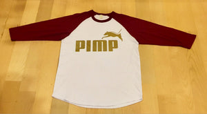 White and Maroon Pimp C baseball Tshirt with PIMP logo on front in Gold