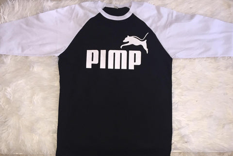 Black Pimp C Baseball Tee with white sleeves and PIMP logo in white